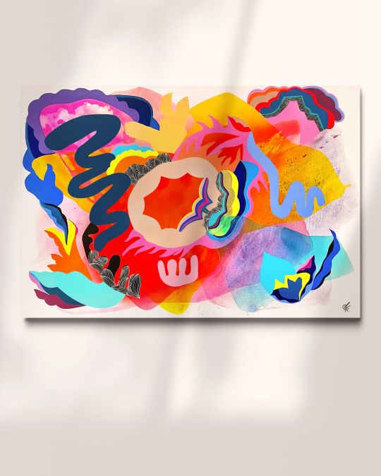 abstract painting with flying shapes