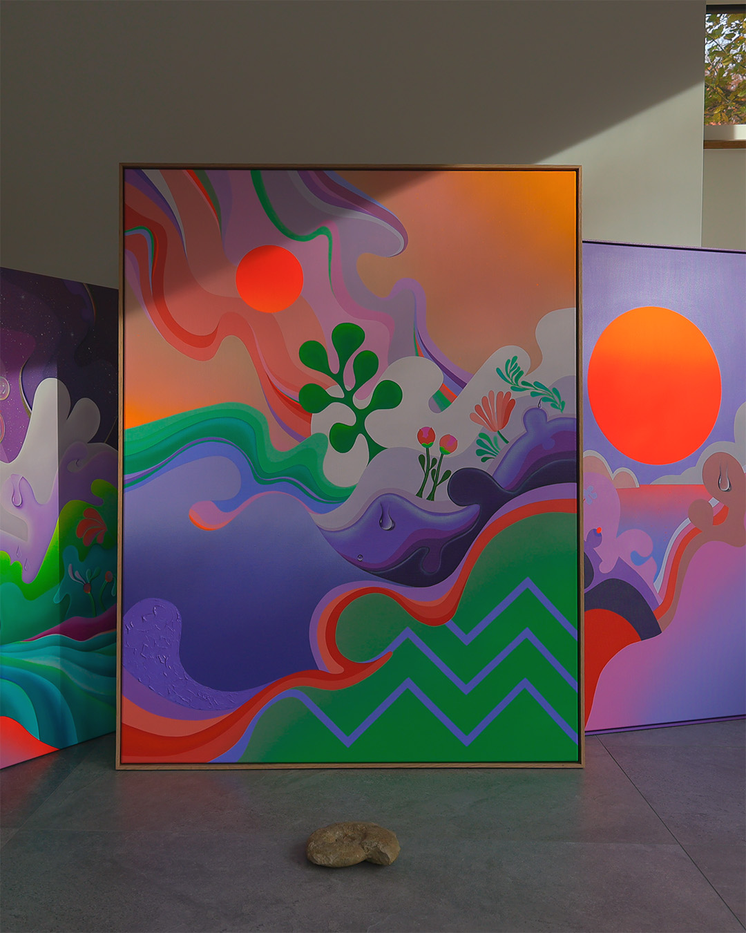 Sunscape painting, showing mountains and a red sun as focal point. Movement, organic shapes, green, purple, gradients