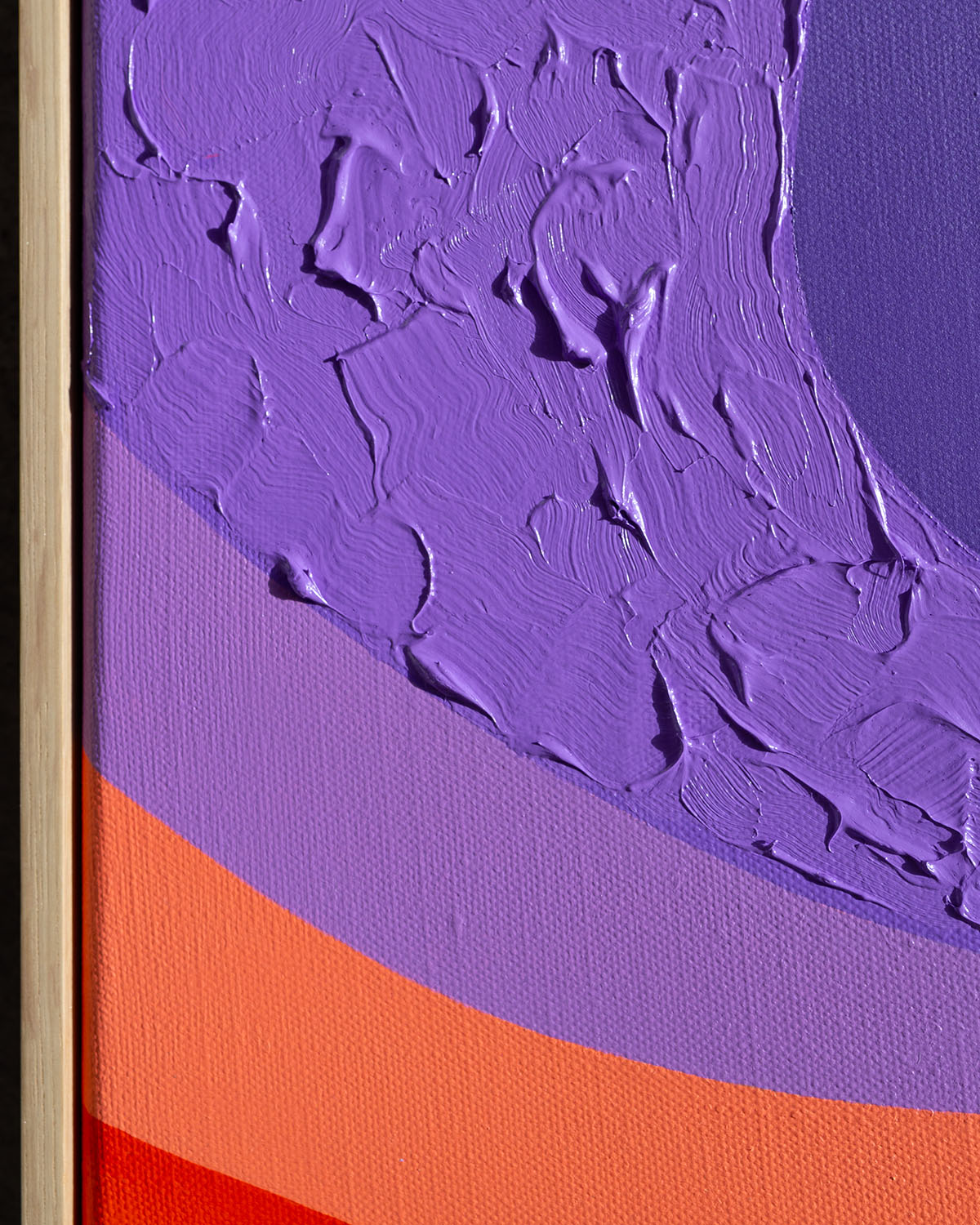 Sunscape painting, showing mountains and a red sun as focal point. Movement, organic shapes, green, purple, gradients