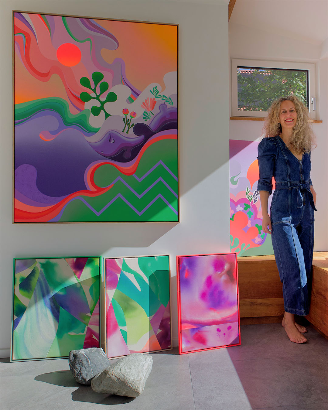 Sunscape painting, showing mountains and a red sun as focal point. Movement, organic shapes, green, purple, gradients