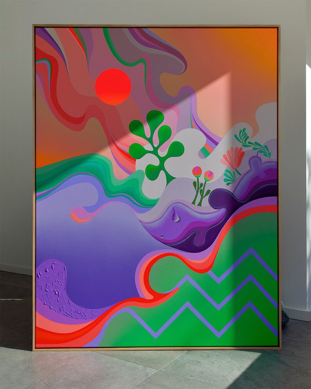 Sunscape painting, showing mountains and a red sun as focal point. Movement, organic shapes, green, purple, gradients